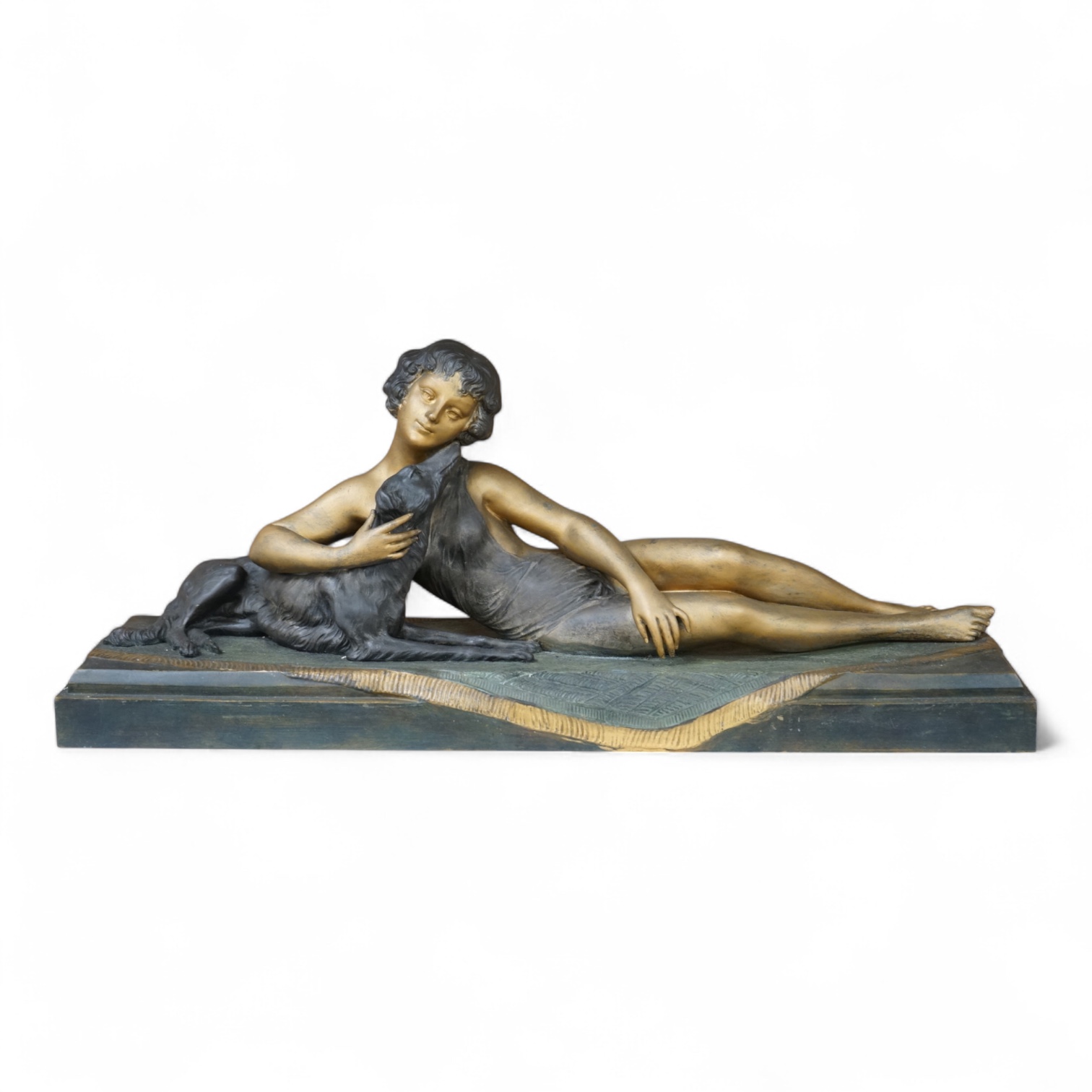 An Art Deco painted spelter group ‘Friends’ by L.Bruns, 54cm wide, 22cm high